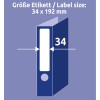 Obrázek zobrazuje grafiku ukazující velikost štítku o rozměrech 34 x 192 mm, navrženou pro šanon nebo podobný předmět.