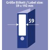 Obrázek zobrazuje štítek o velikosti 59 x 192 mm s vizuálním zobrazením složky nebo pořadače, na kterém je ukázáno, kam by byl štítek umístěn, včetně vyznačených rozměrů.