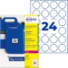Balení odolných kulatých štítků Avery Heavy Duty zobrazující modré dózy a arch s 24 kruhovými štítky?