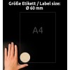 Obrázek ukazuje ruku vedle kruhu označeného 'Ø 60 mm' a obrys formátu A4, s německým textem označujícím velikost štítku.