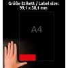 Srovnání velikosti s rukou, článek: L7263R-25, jeden arch etiket ve speciálních barvách, formát: 99,1 x 38,1 mm, barva: neonově červená.