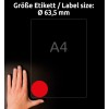 Obrázek obsahuje ruku vedle štítku velikosti A4 s červeným kruhovým designem o průměru 63,5 mm. Obsahuje text v němčině, který udává velikost štítku.