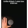 Porovnání velikosti s rukou, článek: L7788-25, jeden list průhledných etiket, formát: ⌀ 80 mm, barva: průhledná?
