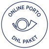 Obrázek zobrazuje kruhové logo nebo razítko s nápisem 'ONLINE PORTO' nahoře a 'DHL PAKET' dole, uprostřed s grafikou připomínající oko.