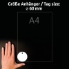 Obrázek zobrazuje ruku s perfektně upravenými nehty, položenou na tmavém povrchu vedle listu ve formátu A4. Udává velikost štítku o průměru 60 mm.